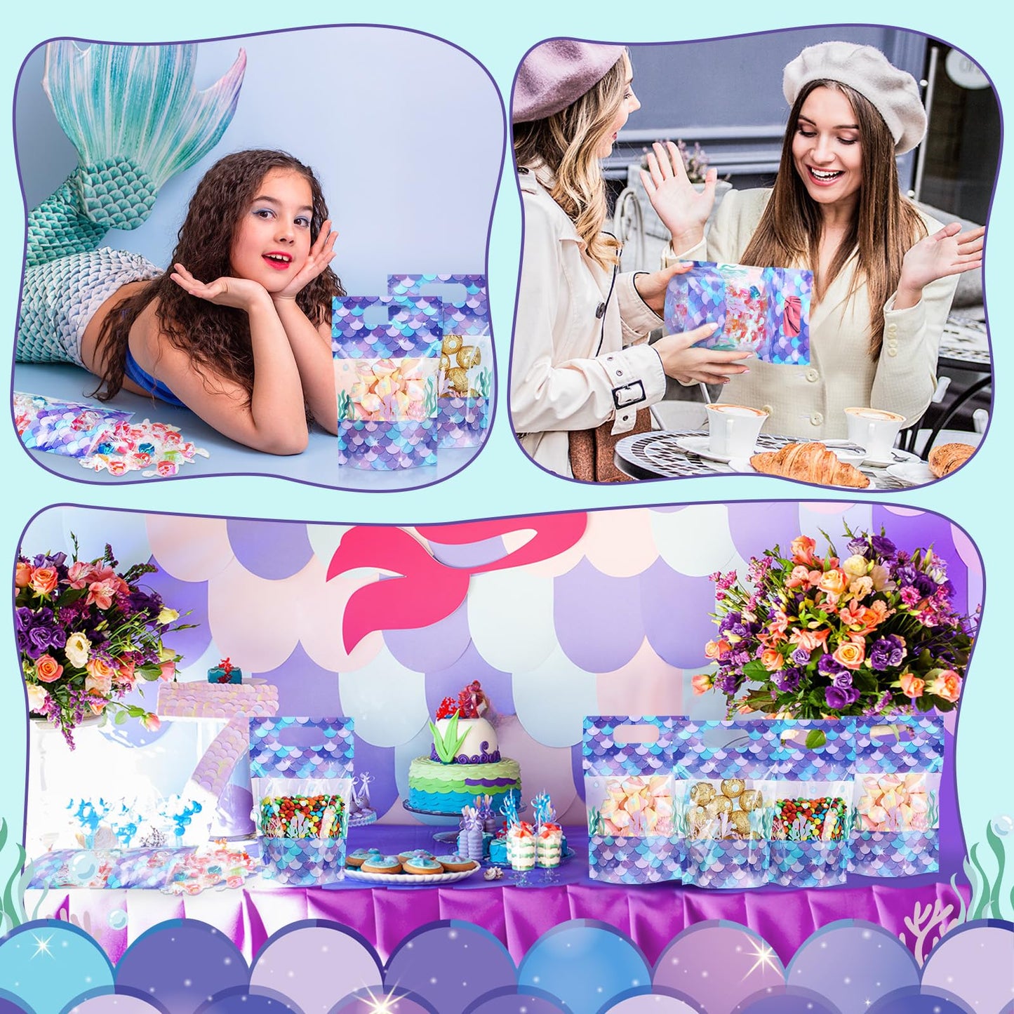 Sweetude 50 Pcs Mermaid Gift Bags Double-sided Print Plastic Bags with Handles Resealable Theme Sealed Pouch for Birthday Baby Shower Candy Gift Wrapping Supplies Decor (Mermaid)