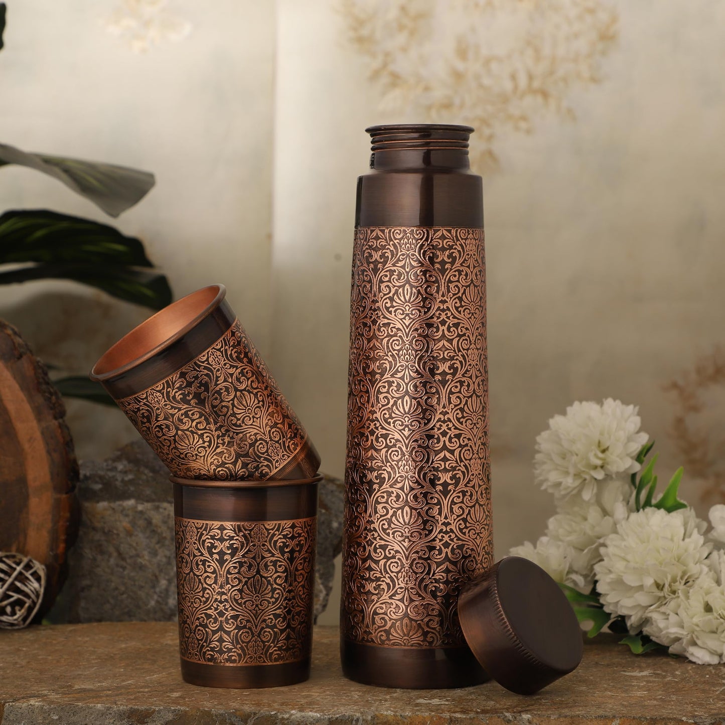 Pure Copper Water Bottle with 2 Tumblers Set, Beautiful Floral Pattern Light House Shape For Ayurveda Health Benefits