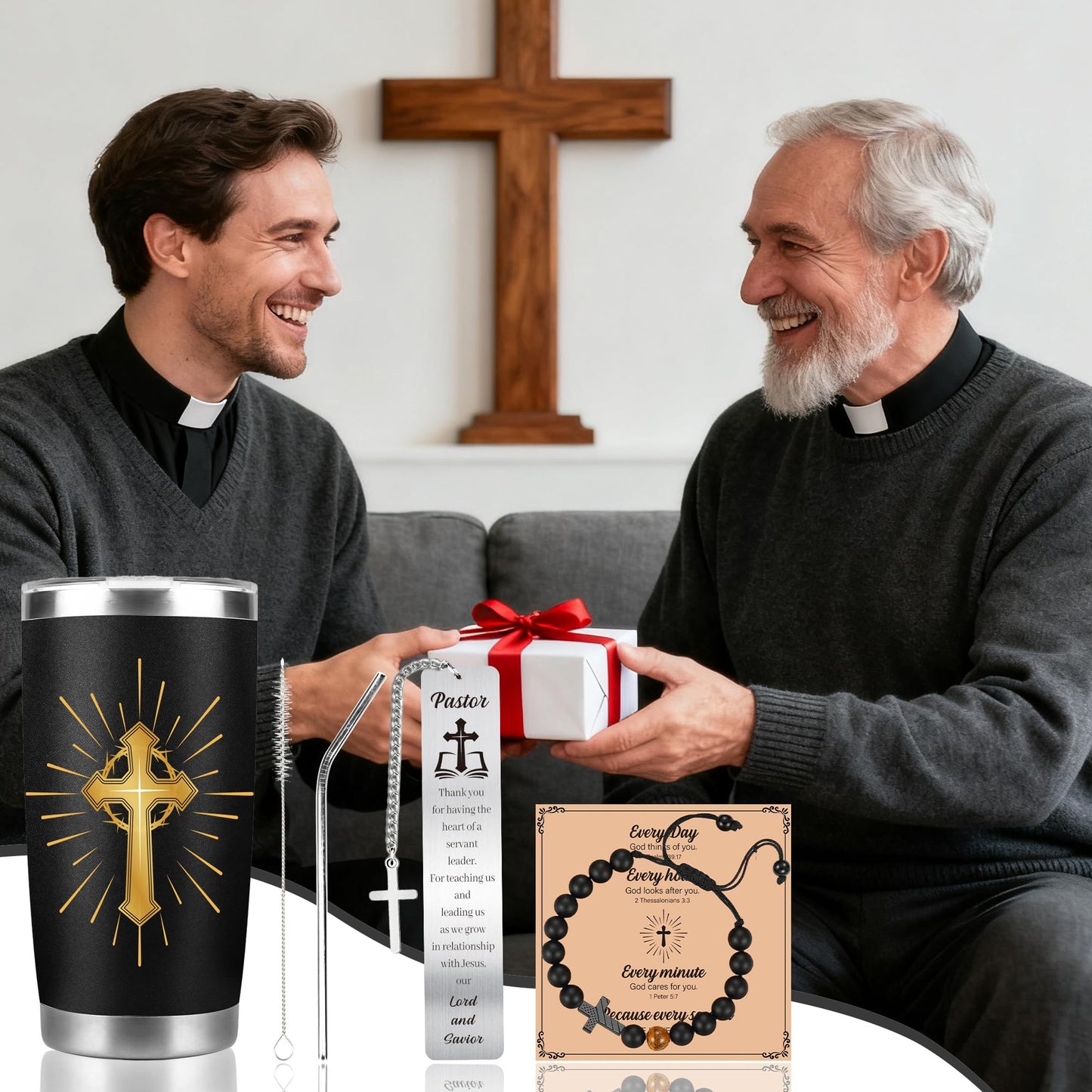 Pastor Appreciation Gifts for Men, Unique Pastor Gift Set, Thank You Gifts with Tumbler, Bracelet & Bookmark for Birthday Christmas Retirement, Present for Dad Husband Grandapa Friends