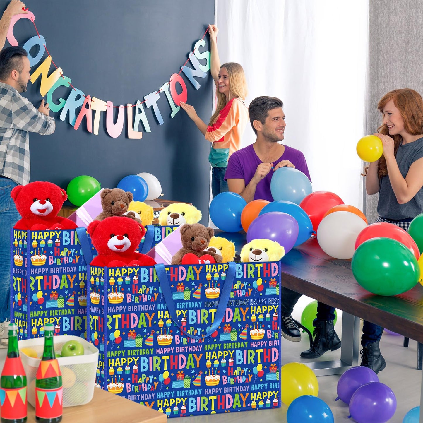 Pickmesh 2 Pcs Extra Large Birthday Bags 31.5x23.6x7.9 Inch Colorful Happy Birthday Gift Bag Oversize Non Woven Fabric Wrapping Pouch for Wedding Baby Shower Party Giant Present Wrap Supplies