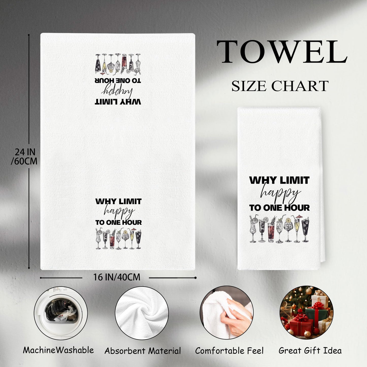 Happy Hour Kitchen Towels - Cocktail Lover Gifts, Cheer Bar Home Bar Decor, Why Limit Happy to One Hour Bar Towels for Bartender, Whiskey Bar Decor, 16x24 Inch