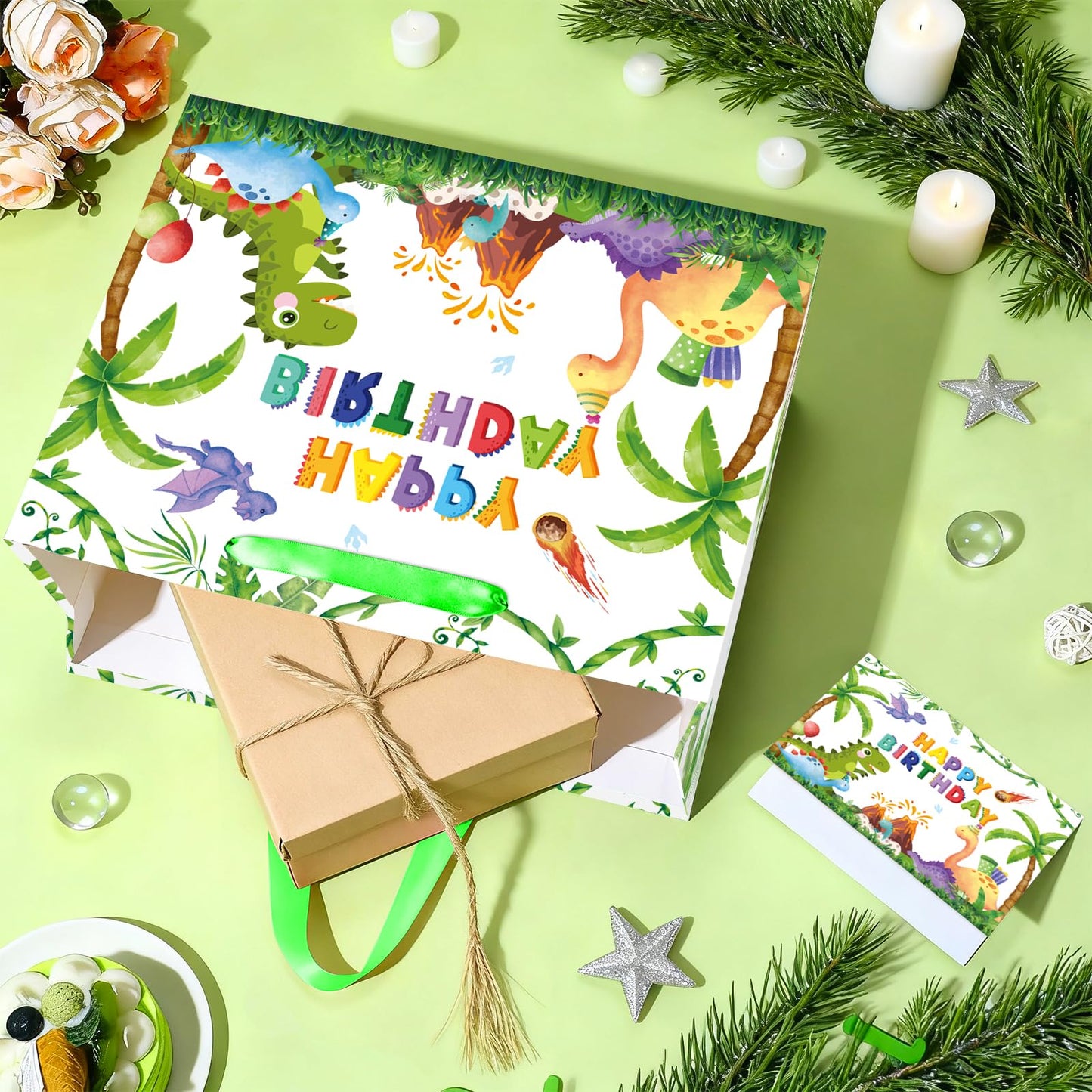 QISOLIY Dinosaur Birthday Gift Bag for Kids Boys Happy Birthday Gift Bag with Tissue Paper and Greeting Card, Cute Dino Party Favor Bag for Children, Party Present Wrapping Bag with Handle