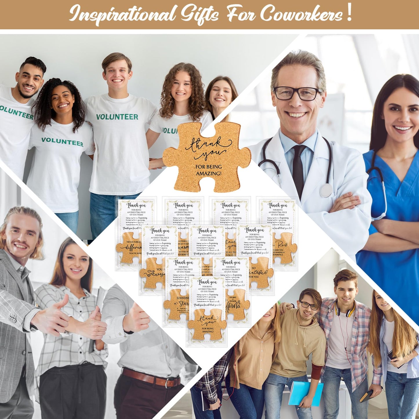 Hushee Inspirational Gift for Coworker Motivational Puzzle Piece Coasters Employee Appreciation Gifts with Cards Bags for Social Worker Staff Office(40 Pcs,10 Styles)