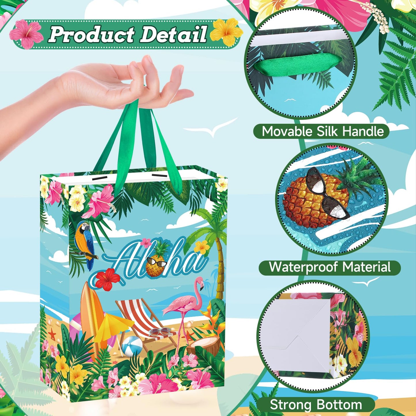Summer Hawaiian Gift Bag, Aloha Beach Birthday Wrapping Paper Bag with Card Tissue Paper Tropical Luau Gift Bag for Retirement Weddings Bridal Showers Baby Showers Hawaii Party Decorations Supplies