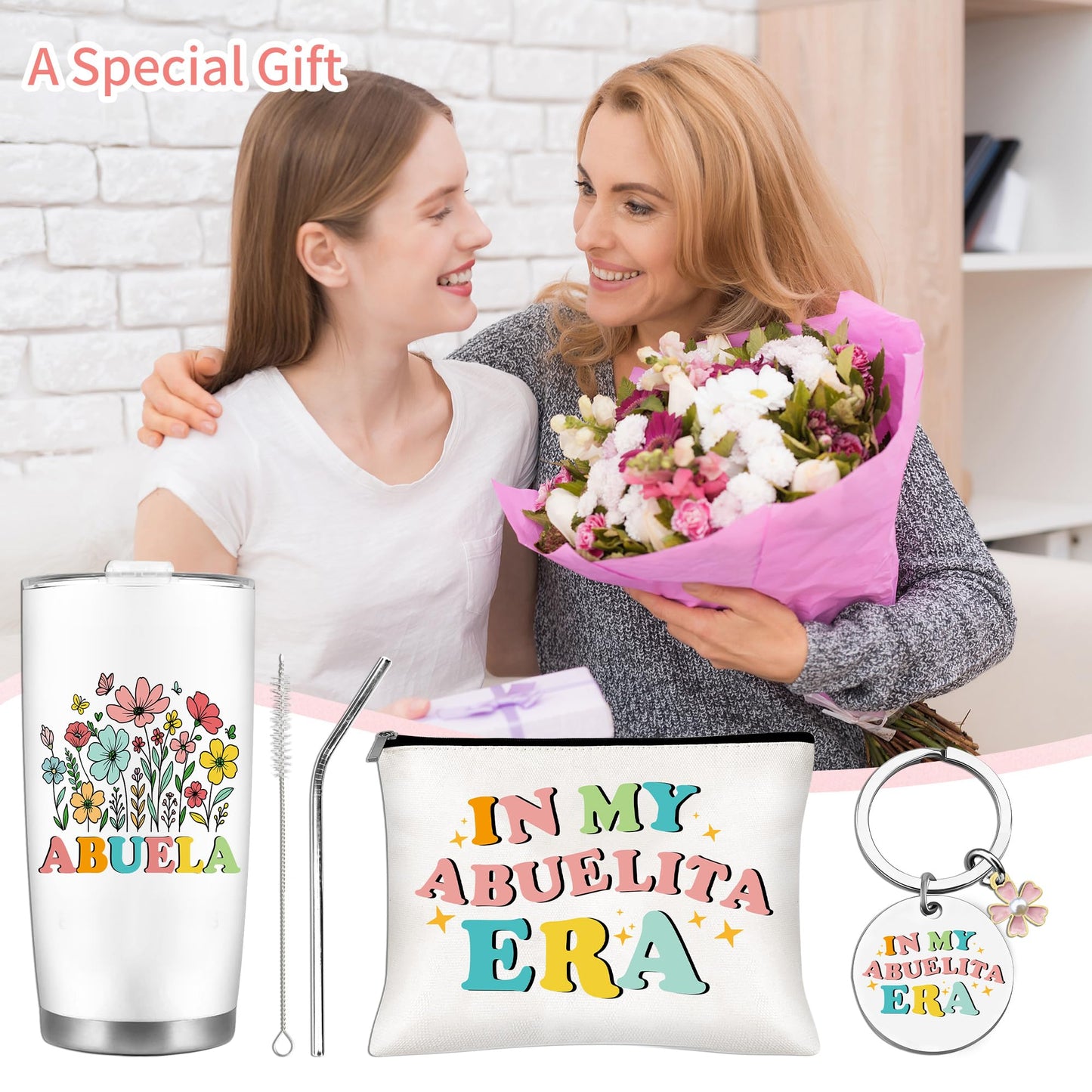 Abuela Gifts Set, Floral Abuelita Tumbler with Straw Cosmetic Bag Keychain Bracelet Set, Regalos para Abuela Gifts for Grandma from Grandkids, Mother’s Day Birthday Mexican Grandma Gifts