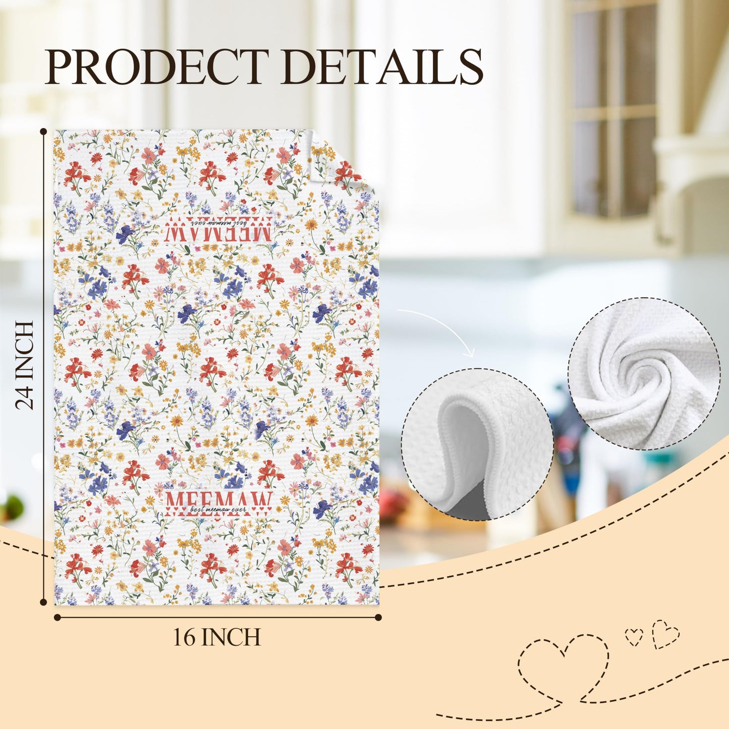 Rustic Floral Meemaw Grandma Kitchen Towels, Grandma Gifts from Grandkids Hand Towels for Bathroom Decor, Meemaw Grandmother Gifts Dish Tea Towel for Kitchen Decor, 16x24 Inch