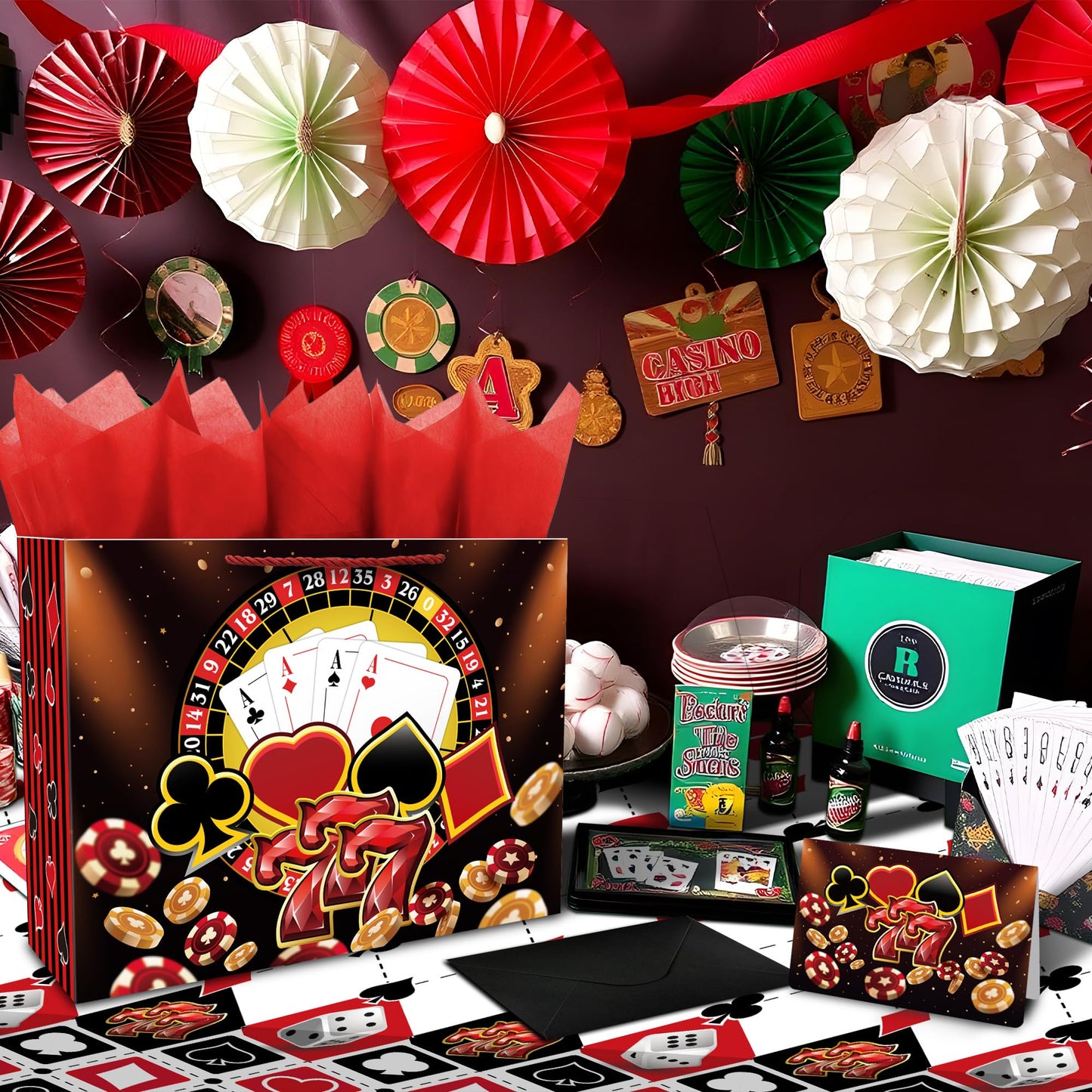 Xustanina 13" Large Casino Birthday Gift Bag (Includs Card, Tissue Paper, Envelope and Stickers), Poker-Themed Gift Bag, Las Vegas Birthday Party Supplies for Men and Women
