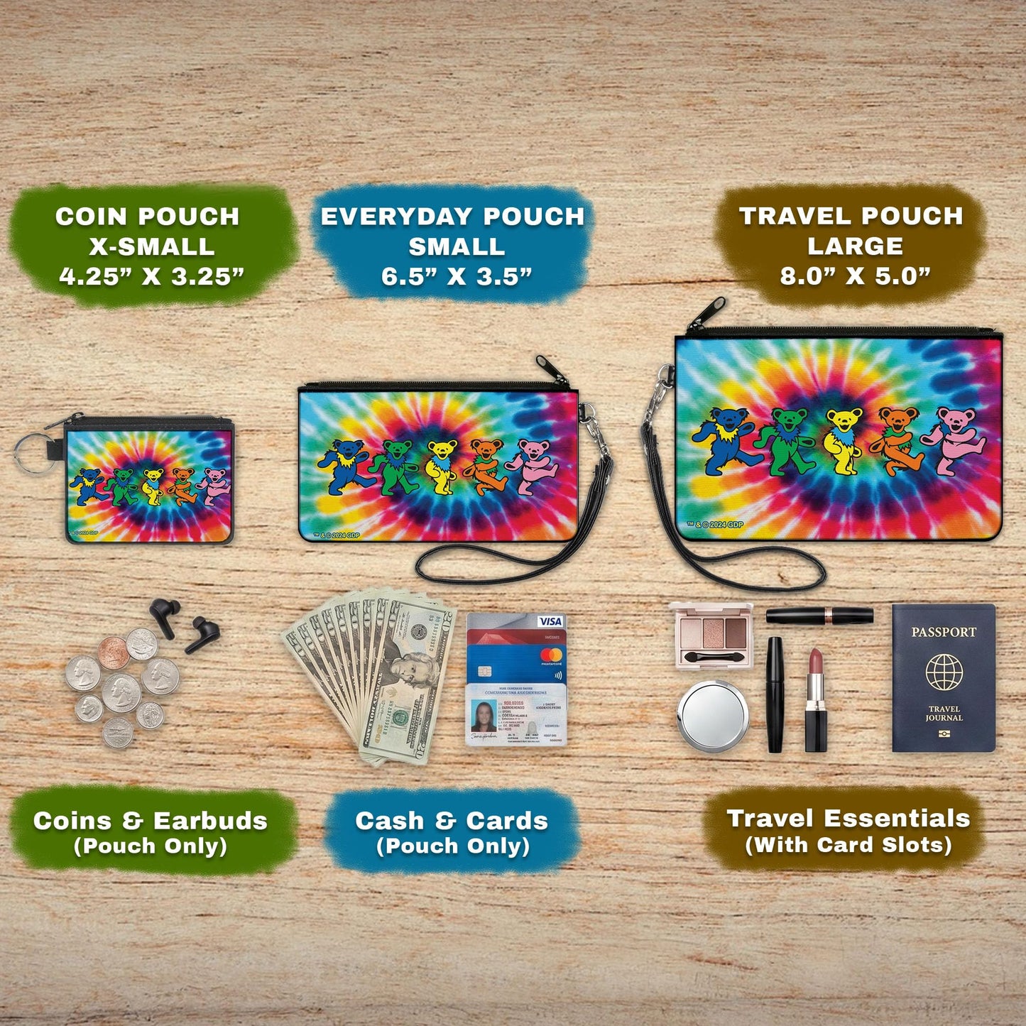 Buckle-Down Grateful Dead Wallet, Zip Pouch, Grateful Dead Dancing Bears Swirl Multi Color, Canvas