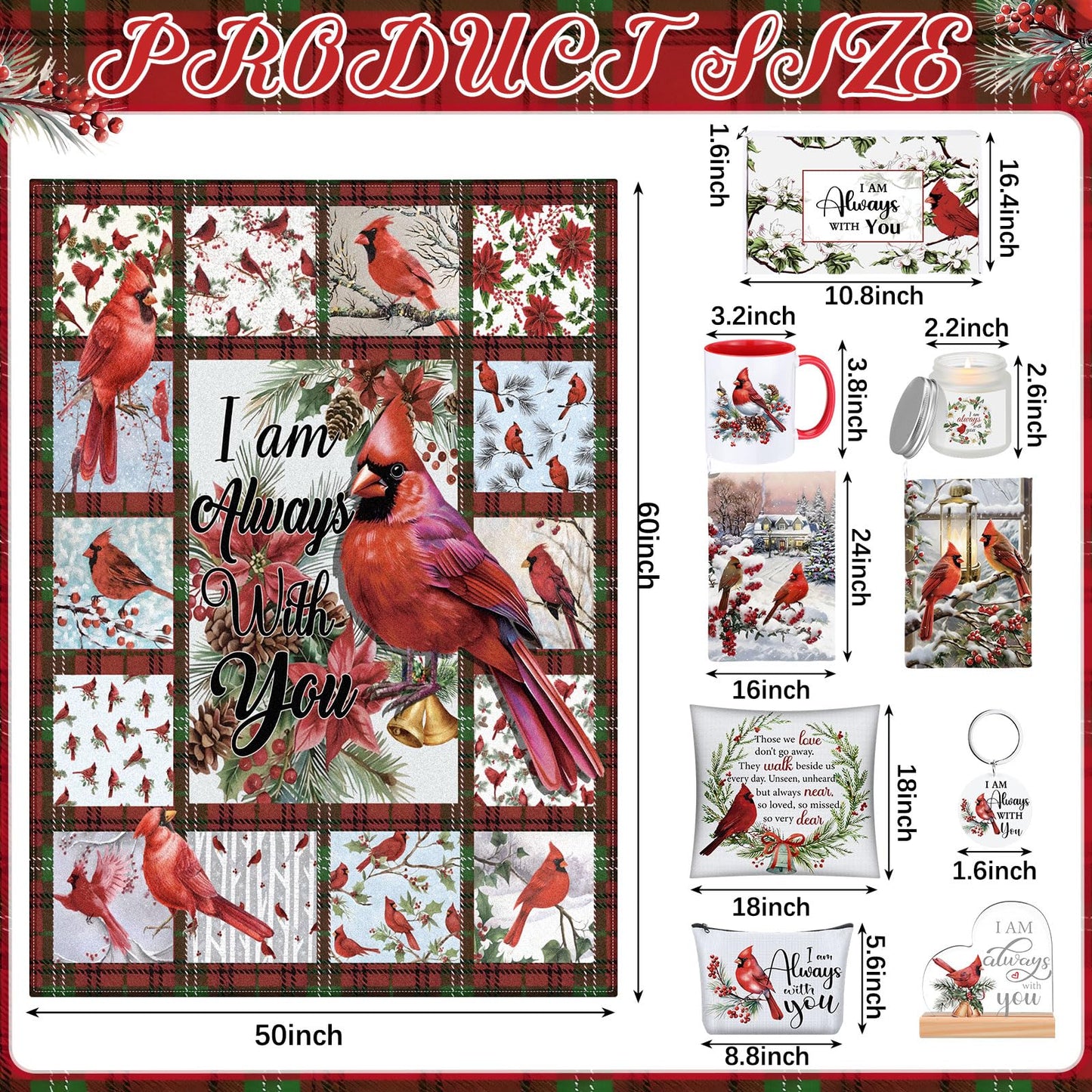 Buryeah 10 Pcs Cardinal Gift Set Sympathy Memorial Bird Present Box Include 60'' x 50'' Blanket Pillowcase Mug Makeup Bag Candle Keychain Decorative Stand Gift for Mother