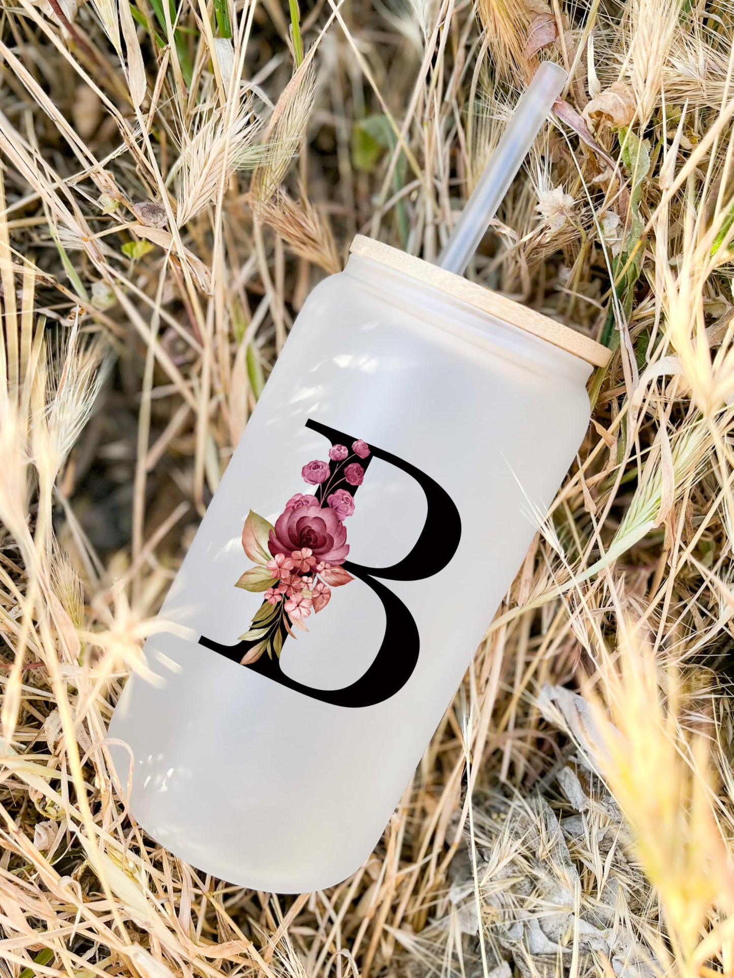 Personalized Gifts for Women, Monogrammed Frosted Glass Tumbler with Straw and Lid, Cute Customized Mug, Custom Initial Iced Coffee Glasses, Customizable Drinking Cup, Birthday Teacher Woman, S