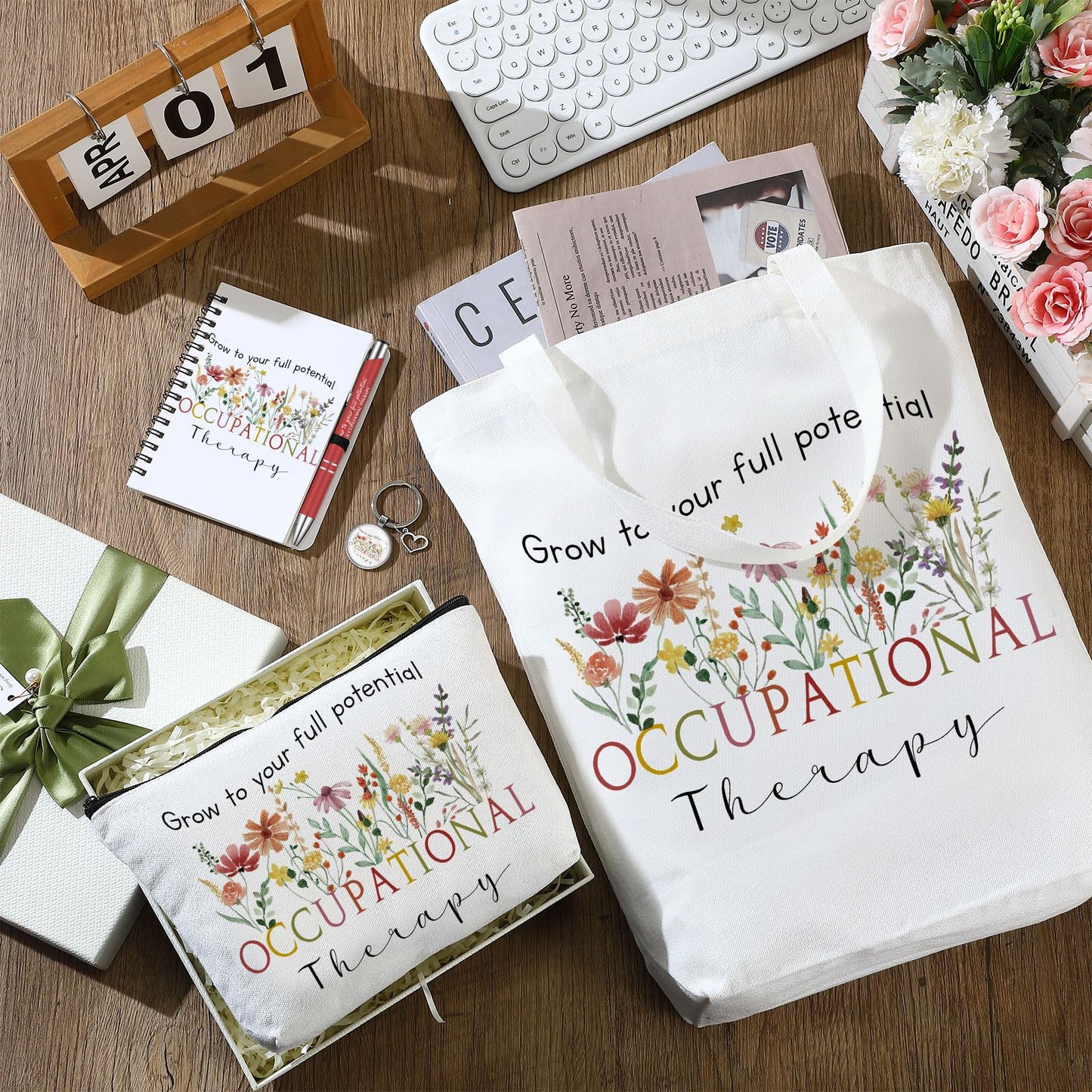 Watersay 5 Pcs Occupational Therapy Gifts, Cosmetic Bag, Canvas Bag, Coil Notebook, Ballpoint Pen and Keychain for Women Office School Graduation Advocate Coworker Christmas Anniversaries Gift