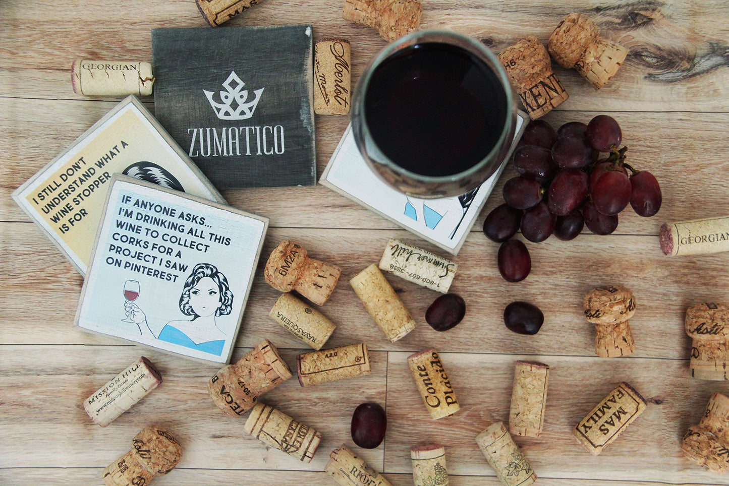 Wine Coasters with Holder - Funny Gifts for Women - Hostess Gifts - Housewarming Gifts for Wine Lovers - Wine Accessories (Funny Wine)