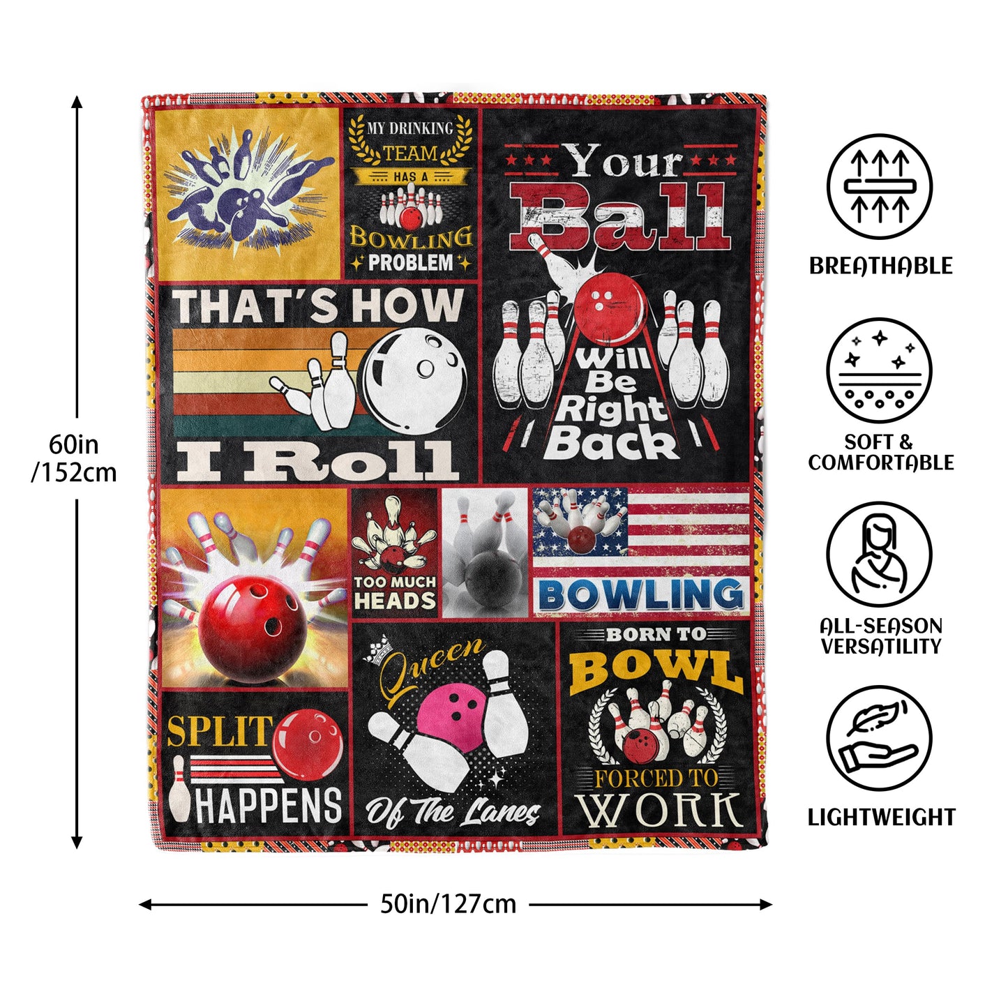 Bowling Gifts, Bowling Gifts for Men, Funny Bowling Gift for Bowlers, Blankets for Bowling Lovers 60"x 50"