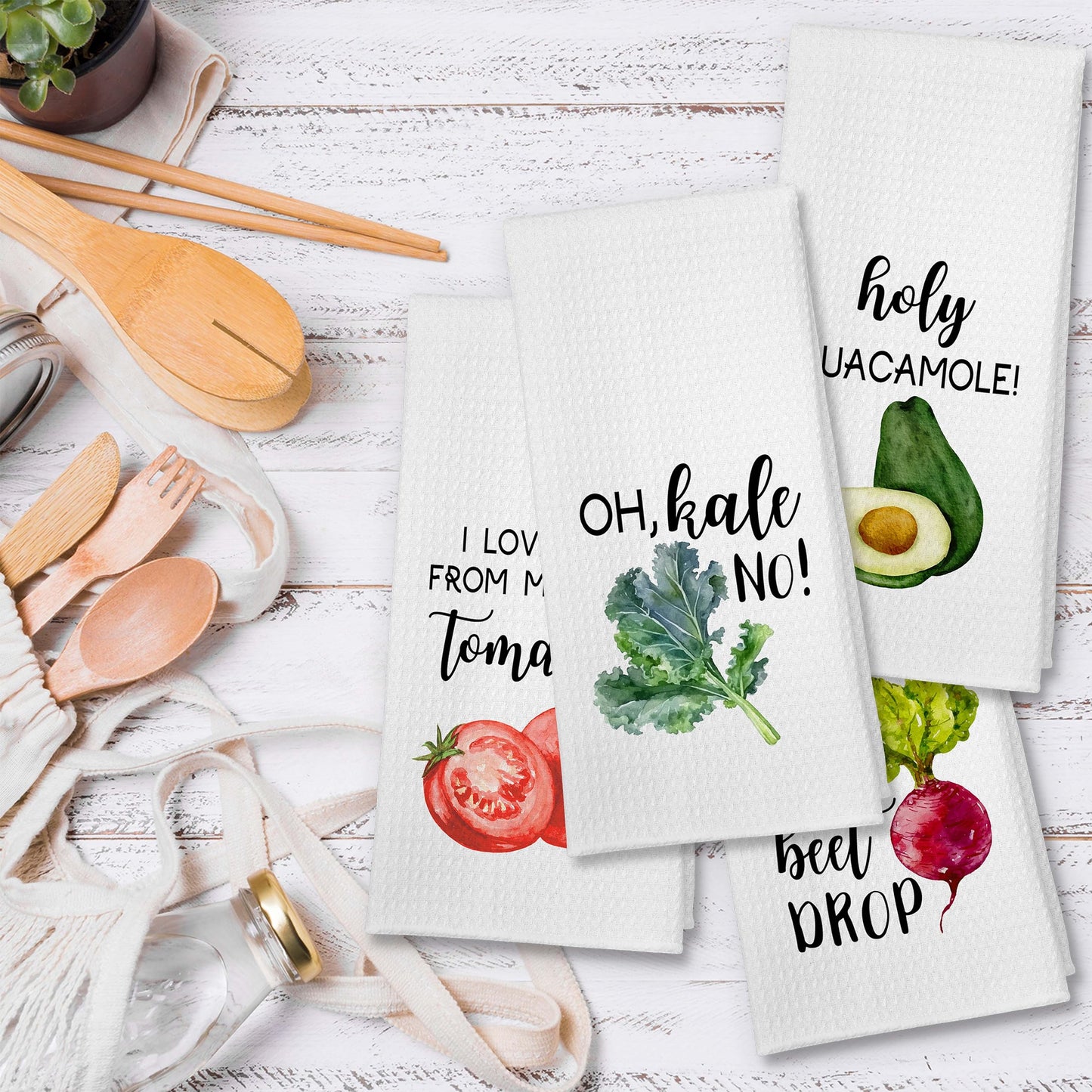 Funny Foodie Kitchen Towels, Set of 4 Vegetables Dish Towels for Washing Drying Dishes, Decorative Hand Tea Towels for Birthday Housewarming Hostess Wedding Shower Christmas Gifts-A56