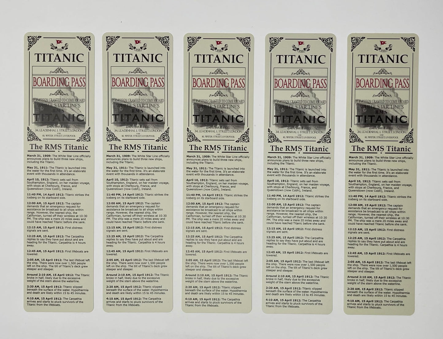 Titanic Bookmark Ticket Boarding Pass Merchandise RMS Titanic Gifts Memorabilia 5 Pack