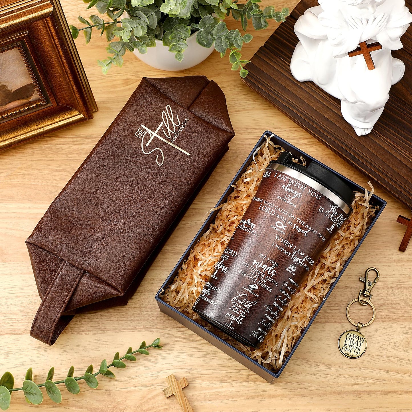 Roshtia 3 Pcs Christian Gifts for Men God Father Appreciation Gifts Bible Faith 20oz Stainless Steel Tumbler with Lid Straw Religious Leather Toiletry Bag Keychain for Birthday Father Day Dad Husband