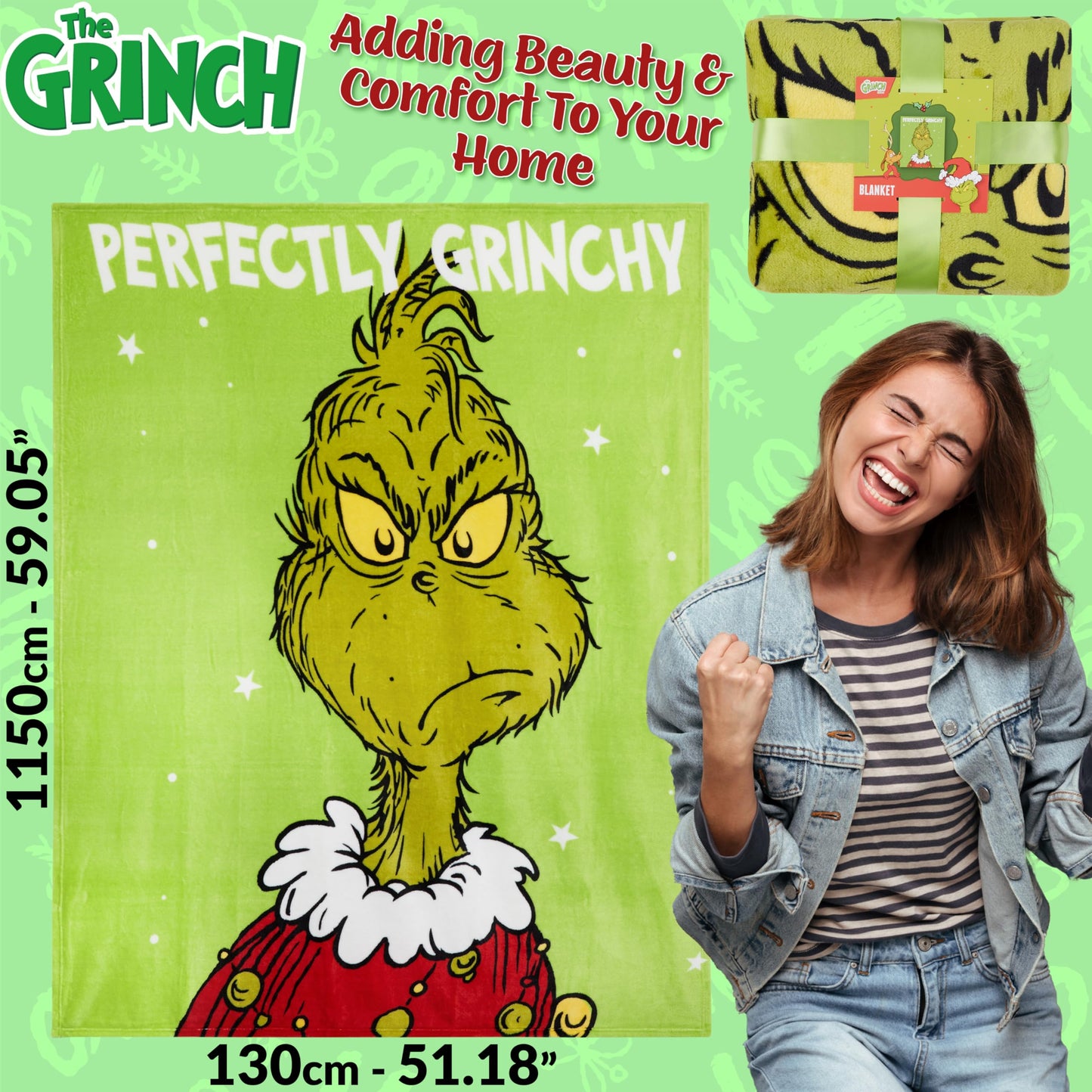 The Grinch Throw Blanket, Soft & Warm Fleece Christmas Blanket, Warm Lightweight & Fluffy Throw, Cozy Bedroom Accessories, Secret Santa Xmas Gifts (Green)