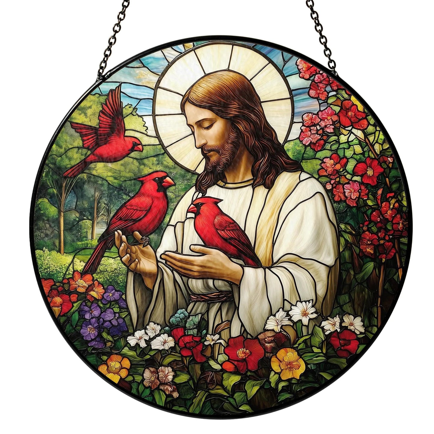 Christian Gifts for Women Faith Red Cardinals Window Hanging Suncatcher Stained Glass, Jesus & Cardinal Faith Home Decorations Jesus Gifts for Women of God Christmas Religious Catholic Gift For Memory