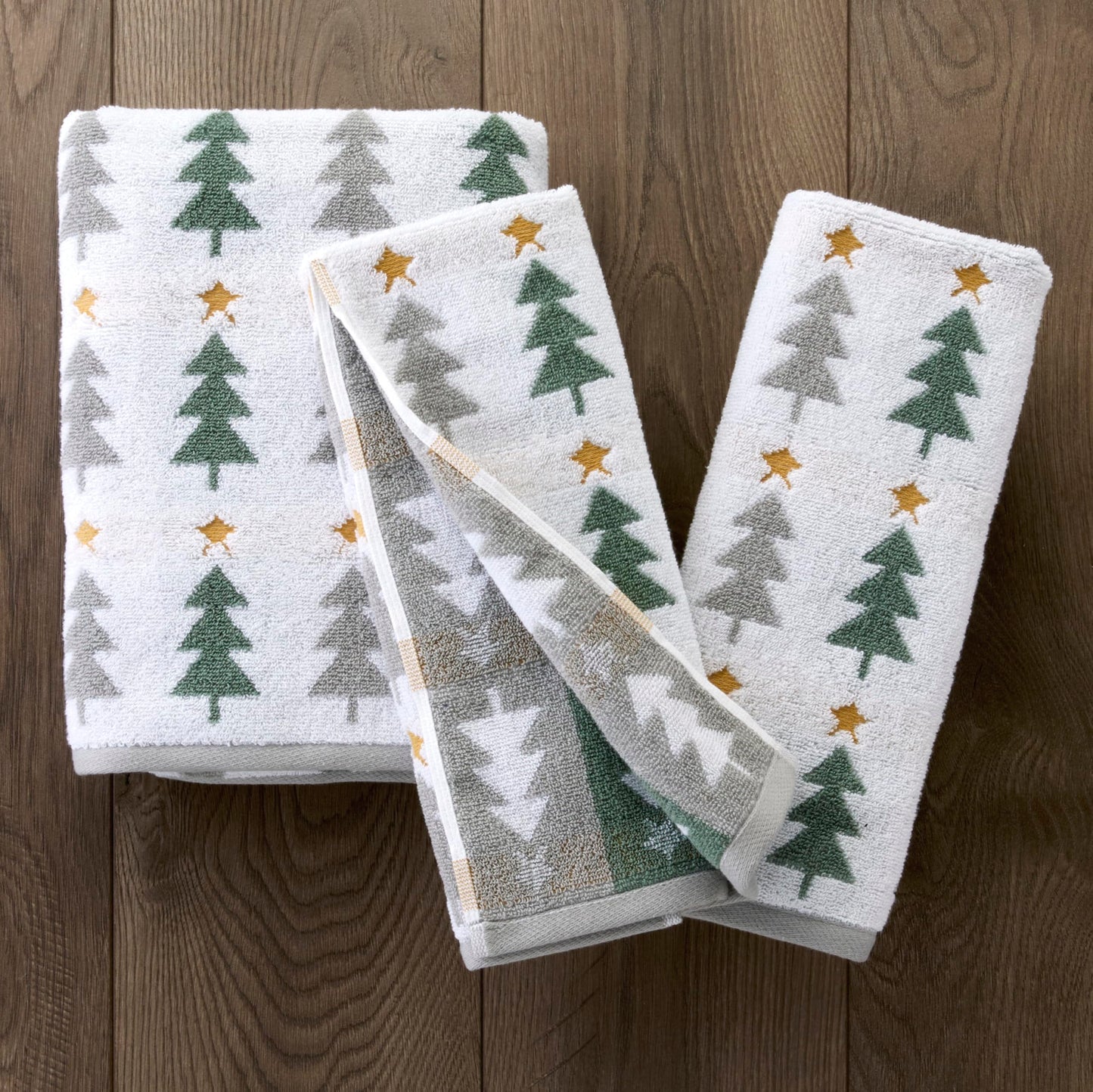 SKL Home Christmas/Winter Multi Trees 100% Cotton Premium 2-Piece Hand Towel Set, 500 GSM, Reversible Jacquard, Soft & Absorbent, Decorative for Bath/Kitchen/Bar, Multi