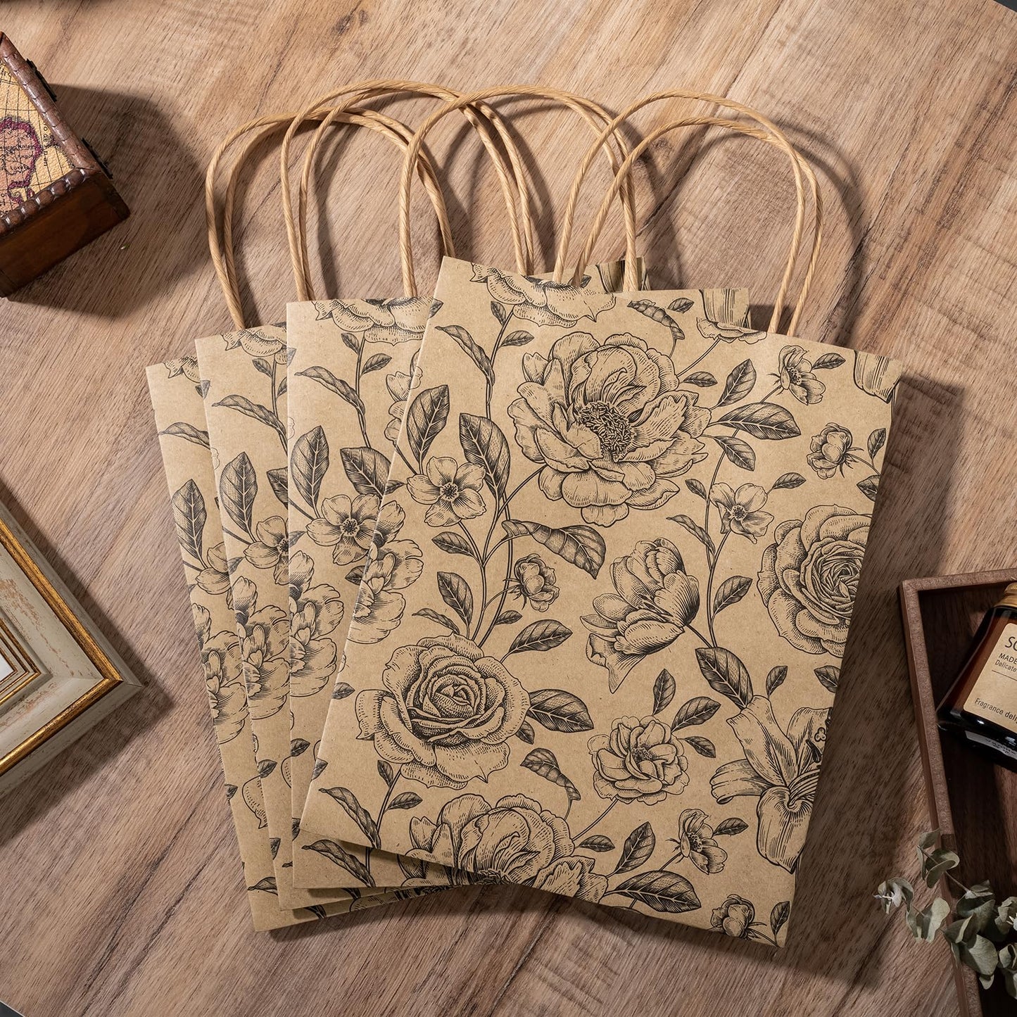 WRAPAHOLIC Medium Floral Kraft Paper Gift Bags - Black Florals Design for Birthday, Baby Shower, Holiday, Party Gift Wrap (Pack of 12)