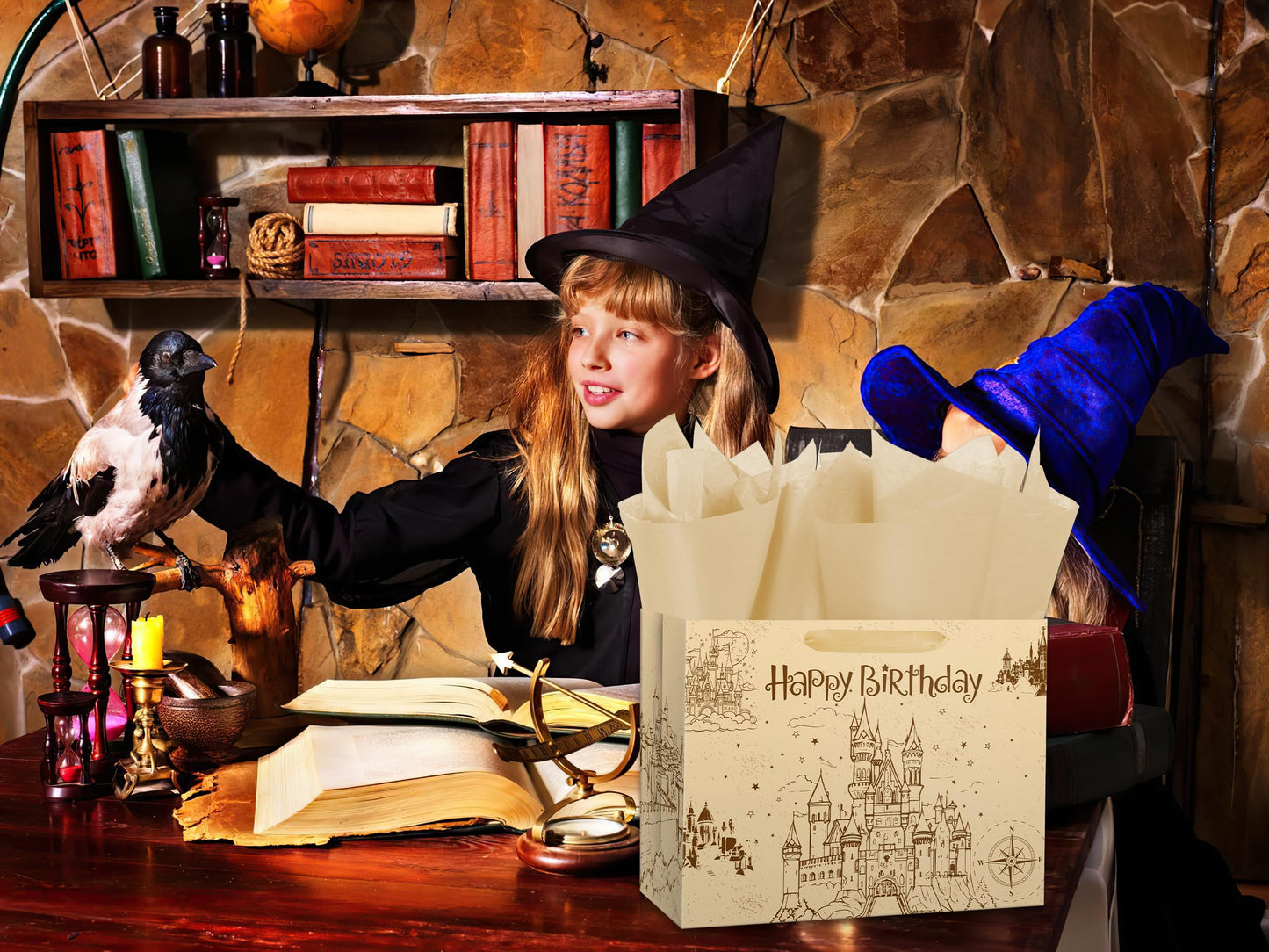 Ranfashiong 13" Brown Magic Wizard Gift Bag with Tissue Paper, Vintage Design Kraft Ancient Castle Princess Birthday Party Favor for Baby Shower, Girl, Boys Wrapping