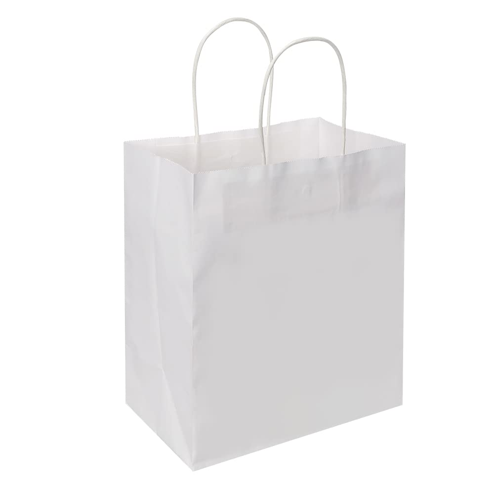 Oikss 100 Pack 8x4.75x10 Inch Medium White Kraft Paper Bags with Handles Bulk for Birthday Wedding Party Favors Grocery Retail Shopping Business Takeout Goody Craft Gift Bags Sacks, (100pcs Count)