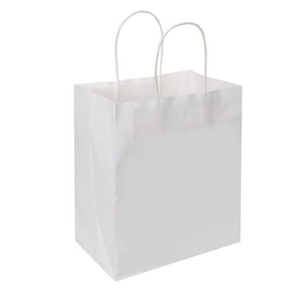 Oikss 100 Pack 8x4.75x10 Inch Medium White Kraft Paper Bags with Handles Bulk for Birthday Wedding Party Favors Grocery Retail Shopping Business Takeout Goody Craft Gift Bags Sacks, (100pcs Count)