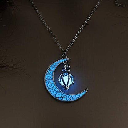 Glow in The Dark Silver Crescent Moon and Orb Necklace - Glowing Blue Moon Charm - Magical Fantasy Fairy Glowing Necklace - Glow Jewelry (sky blue)