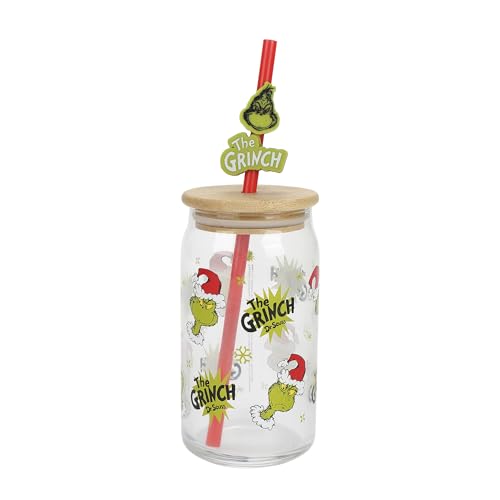 Bioworld The Grinch AOP 15 Oz. Glass Cup with Straw and Lid