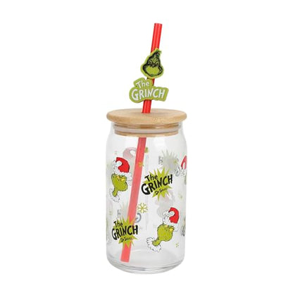 Bioworld The Grinch AOP 15 Oz. Glass Cup with Straw and Lid