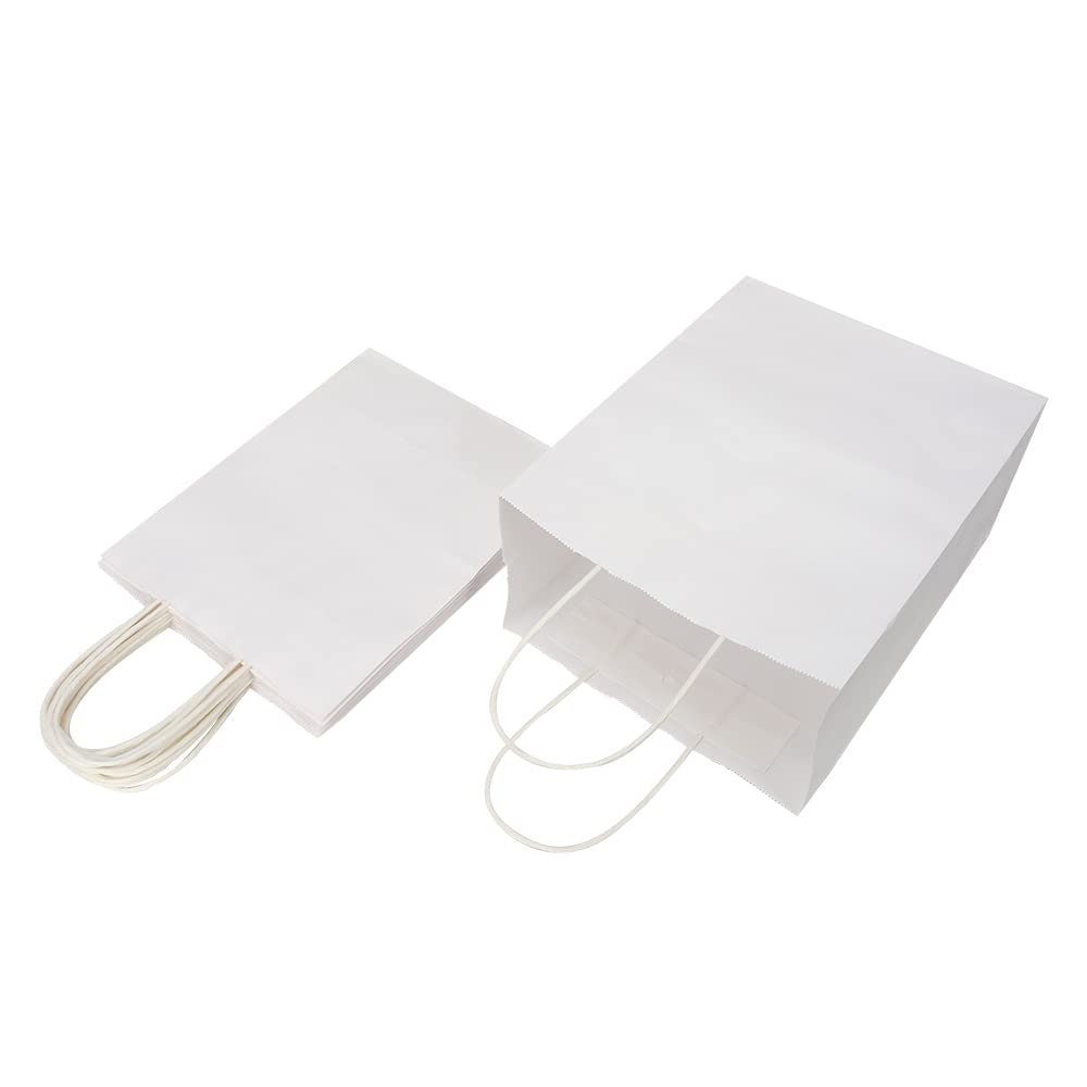 Oikss 100 Pack 8x4.75x10 Inch Medium White Kraft Paper Bags with Handles Bulk for Birthday Wedding Party Favors Grocery Retail Shopping Business Takeout Goody Craft Gift Bags Sacks, (100pcs Count)