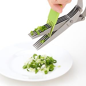 Herb Scissors, X-Chef Multipurpose 5 Blade Kitchen Herb Shears Herb Cutter with Safety Cover and Cleaning Comb for Chopping Basil Chive Parsley (Green)
