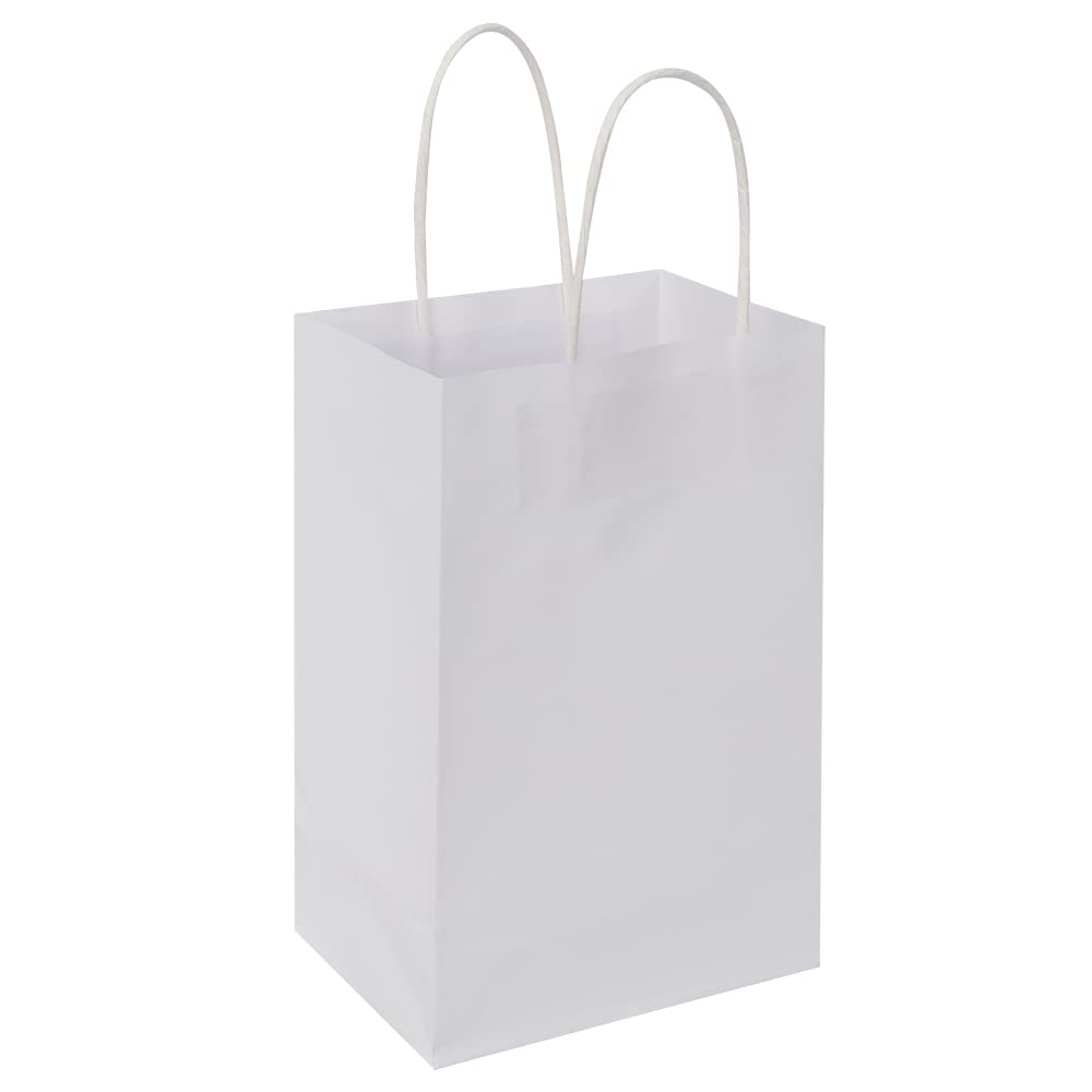 Oikss 100 Pack 5.25x3.25x8.25 Inch Small White Kraft Paper Bags with Handles Bulk for Birthday Wedding Party Favors Grocery Retail Shopping Business Goody Craft Gift Bags Cub Sacks (100pcs Count)