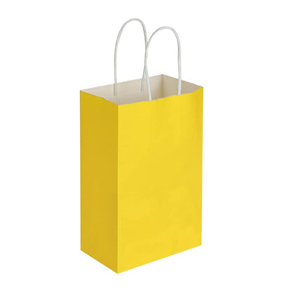 Oikss 100 Pack 5.25x3.25x8.25 Inch Small Yellow Kraft Paper Bags with Handles Bulk for Birthday Wedding Party Favors Grocery Retail Shopping Business Goody Craft Gift Bags Cub Sacks (100pcs Count)