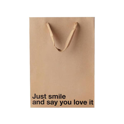 MilkToast Brands Funny Gift Bag, 11" x 8" x 4" Size, Just Smile and Say You Love It, Sarcastic Brown Kraft Paper Bag with Handles, Funny Gift Bag for Birthdays, Mother's Day, Father's Day, Holidays, Office Parties