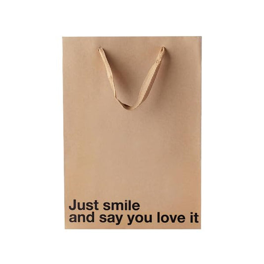 MilkToast Brands Funny Gift Bag, 11" x 8" x 4" Size, Just Smile and Say You Love It, Sarcastic Brown Kraft Paper Bag with Handles, Funny Gift Bag for Birthdays, Mother's Day, Father's Day, Holidays, Office Parties