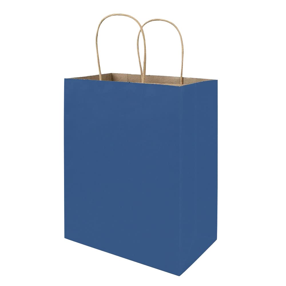 bagmad 100 Pack 8x4.75x10 Inch Medium Blue Gift Paper Bags with Handles Bulk, Kraft Bags, Craft Grocery Shopping Retail Party Favors Wedding Business Sacks (Blue, 100pcs)