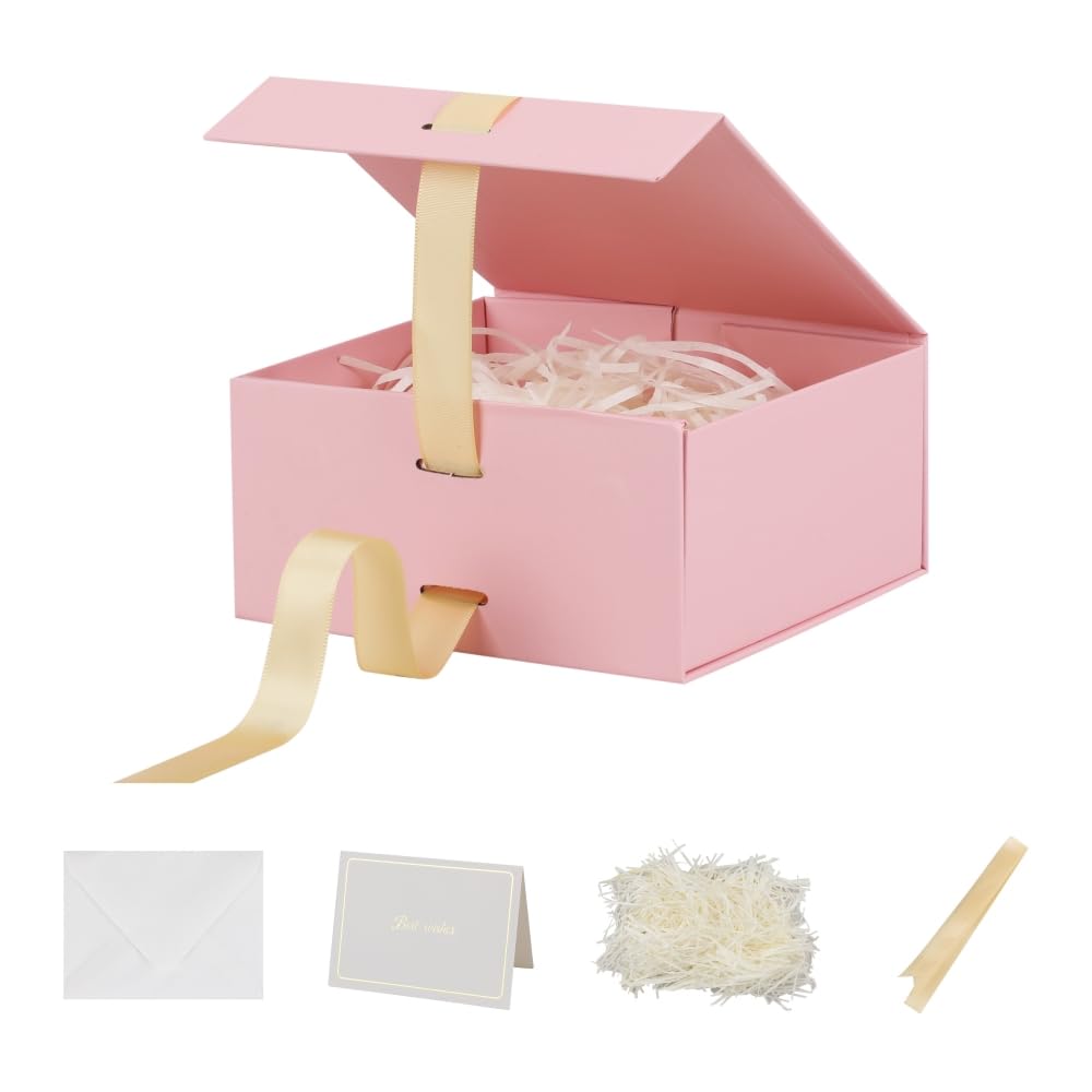 BoxSkivra Pink Gift Box with Ribbon 1 Pack 6X6X3 Inch Small Gift Box with Lid Magnetic Closure Rectangle Collapsible Luxury Gift Boxes for Mother's Day、Birthdays、Shredded Paper Filler & Card
