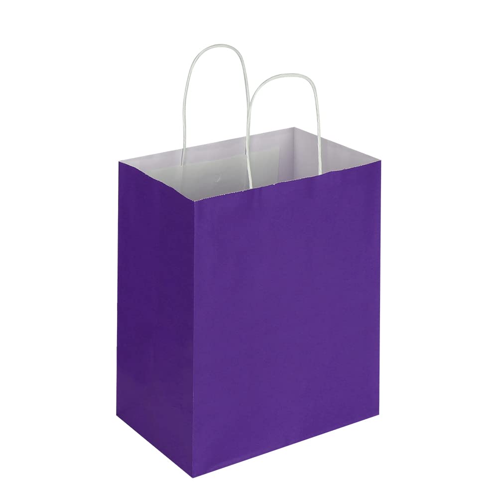 Oikss 100 Pack 8x4.75x10 Inch Medium Purple Kraft Paper Bags with Handles Bulk for Birthday Wedding Party Favors Grocery Retail Shopping Business Takeout Goody Craft Gift Bags Sacks, (100pcs Count)