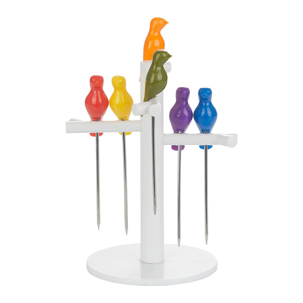 Balvi Birdies Snack Forks Set – 6 Stainless Steel Bird-Shaped Appetizer Picks with Stand, Ideal for Entertaining and Parties – Aperitif Spike – Palillos para Aperitivos