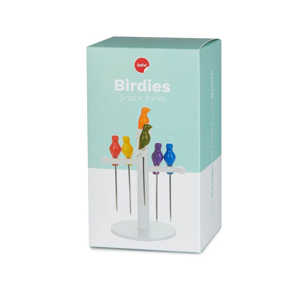 Balvi Birdies Snack Forks Set – 6 Stainless Steel Bird-Shaped Appetizer Picks with Stand, Ideal for Entertaining and Parties – Aperitif Spike – Palillos para Aperitivos