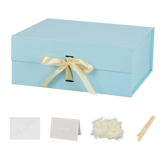 Large Blue Gift Box with Ribbon 1 Pack 13X11X5.3 Inch Large Gift Box with Lid Magnetic Closure Rectangle Collapsible Luxury Box for Wedding Gifts Crinkle Cut Paper Shred with Card