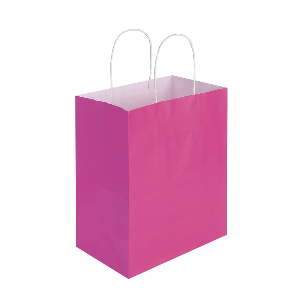 Oikss 100 Pack 8x4.75x10 Inch Medium Hot Pink Kraft Paper Bags with Handles Bulk for Birthday Wedding Party Favors Grocery Retail Shopping Business Goody Craft Gift Bags Sacks (Fuchsia 100pcs Count)