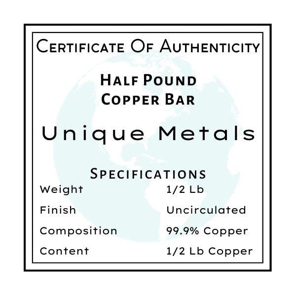 Half Pound Copper Bar Bullion Paperweight - 999 Pure Chemistry Element Design with Certificate of Authenticity by Unique Metals