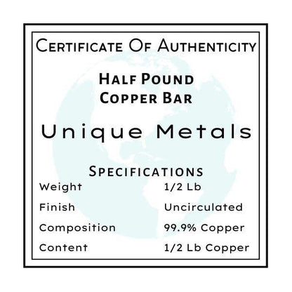 Half Pound Copper Bar Bullion Paperweight - 999 Pure Chemistry Element Design with Certificate of Authenticity by Unique Metals