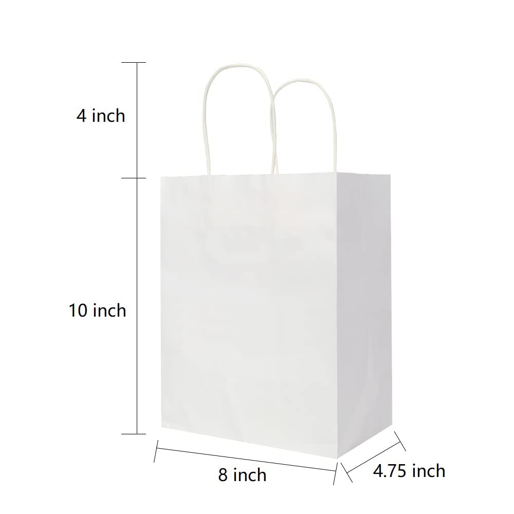Oikss 100 Pack 8x4.75x10 Inch Medium White Kraft Paper Bags with Handles Bulk for Birthday Wedding Party Favors Grocery Retail Shopping Business Takeout Goody Craft Gift Bags Sacks, (100pcs Count)