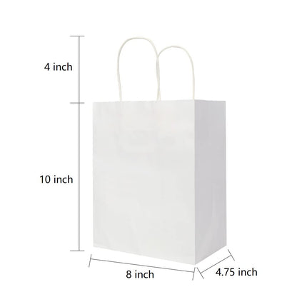 Oikss 100 Pack 8x4.75x10 Inch Medium White Kraft Paper Bags with Handles Bulk for Birthday Wedding Party Favors Grocery Retail Shopping Business Takeout Goody Craft Gift Bags Sacks, (100pcs Count)