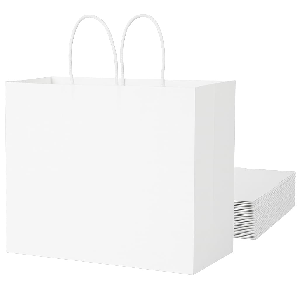 SUNCOLOR White Gift Bags with Handles, Large 13x10x5.5 Inch, 25 Pack, for Birthday, Wedding, Retail, Shopping