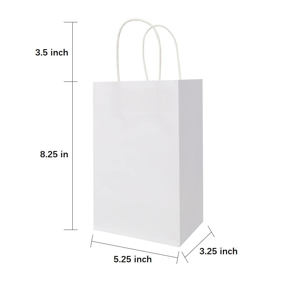 Oikss 100 Pack 5.25x3.25x8.25 Inch Small White Kraft Paper Bags with Handles Bulk for Birthday Wedding Party Favors Grocery Retail Shopping Business Goody Craft Gift Bags Cub Sacks (100pcs Count)