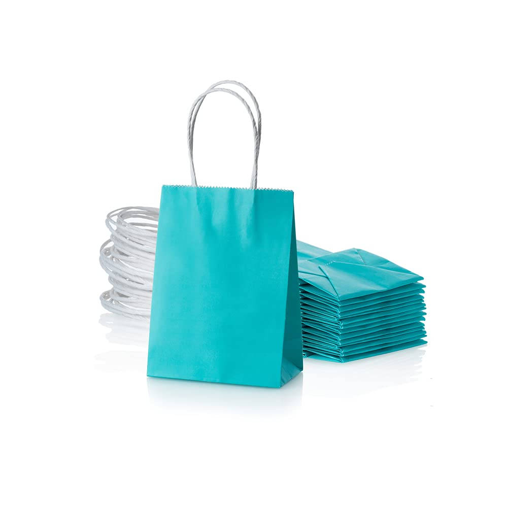 AWELL Mini Turquoise Blue Paper Bag with Handle Party Favours Bag 6x4.5x2.5 inch for Baby Shower Birthday Wedding Recycled Bag, Pack of 24